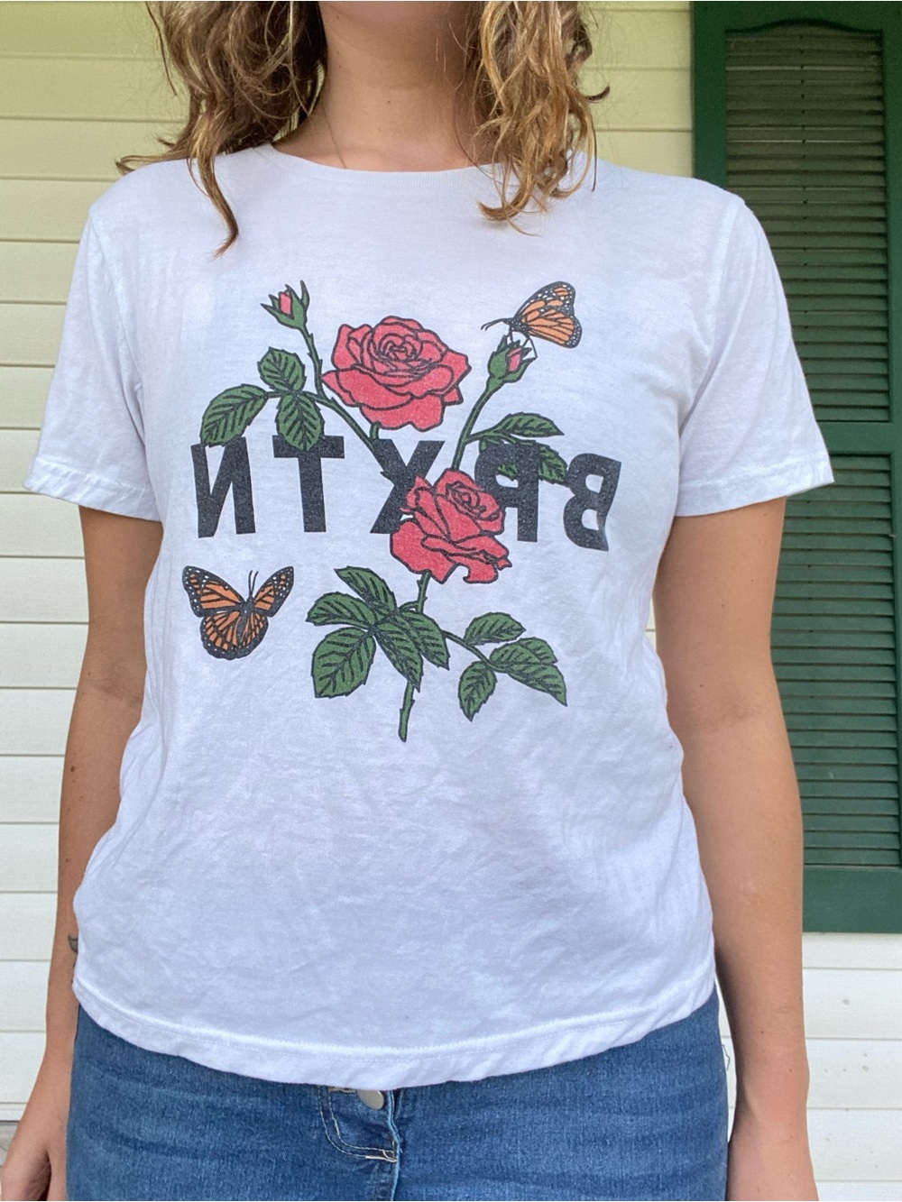 Womens White Graphic Tee with Roses & Butterflies - Brixton Inspired